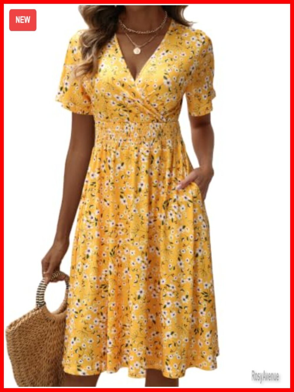 Casual Midi Summer Dress Women Empire Waist A-Line Wrap V Neck Floral Cotton